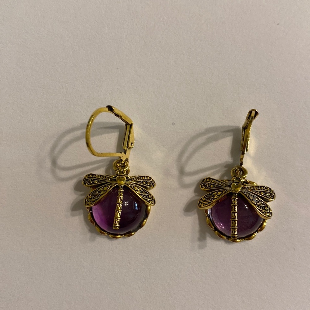 Gold Tone And Purple Dragonfly Earrings